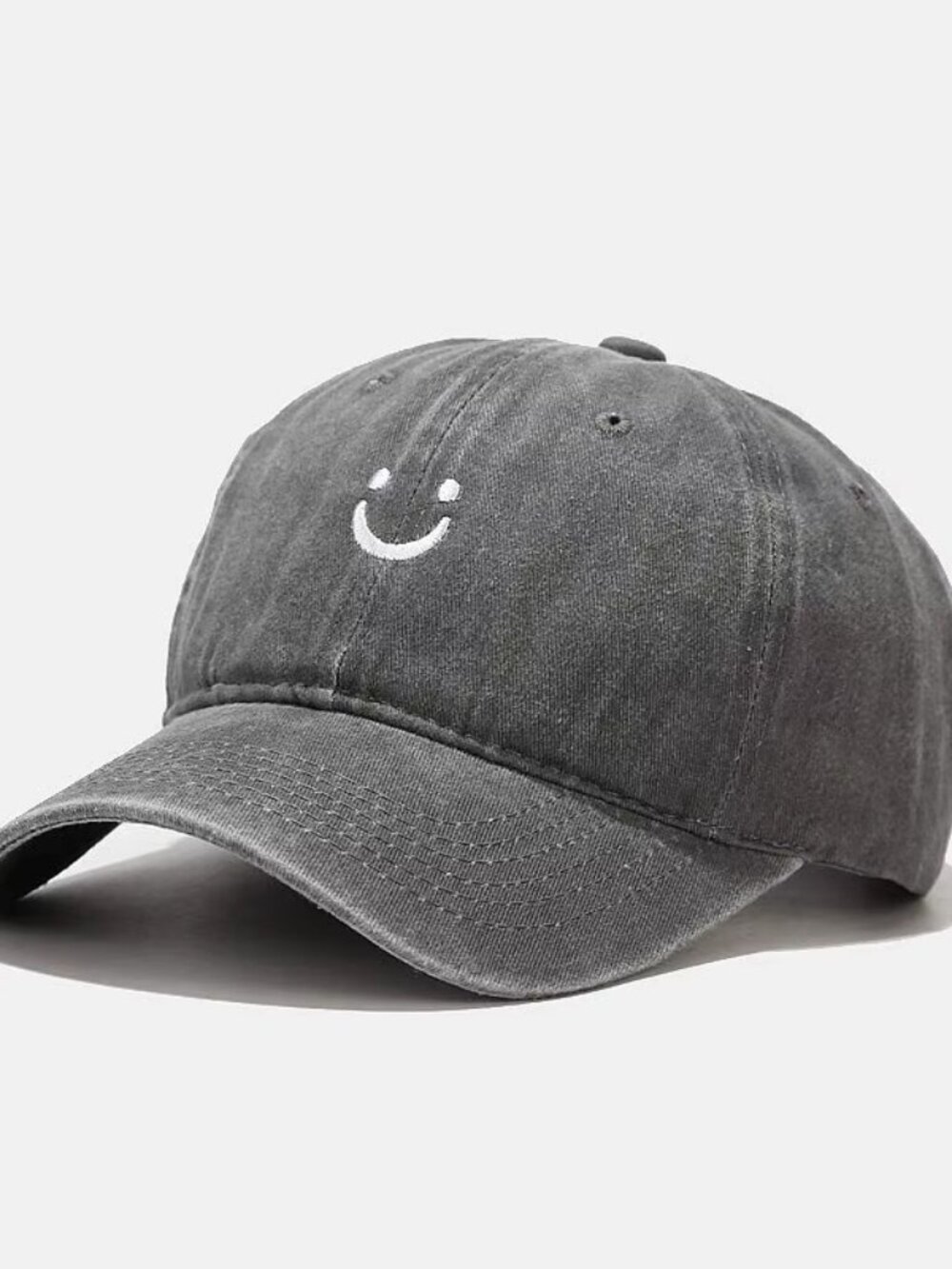 Gray Vintage Washed Smile Face Dad Hat Adjustable Unisex Baseball Cap Cotton